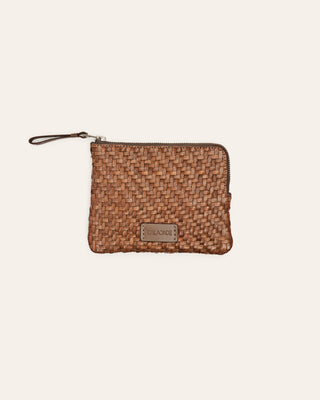 Woven brown pouch with a visible brand logo on a beige background