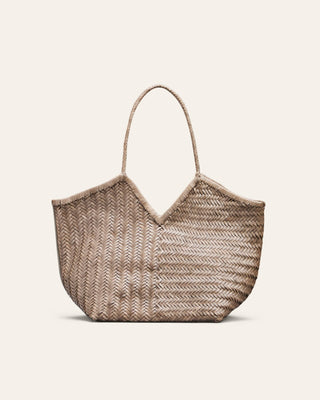 Cala Jade grey woven shoulder bag on a beige background