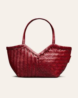 Cala Jade red woven handbag on a light beige background seen from the front