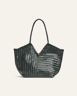 Dark Green woven handbag on a light beige background