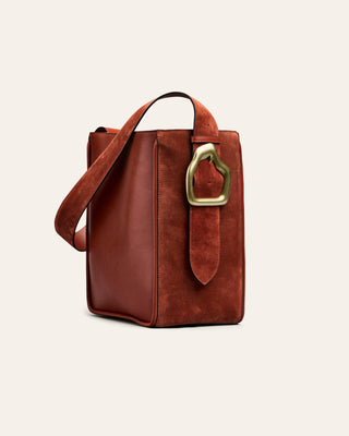 Rusty red leather handbag with a gold clasp on a beige background