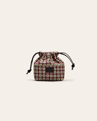Small drawstring pouch and innerbag with a checkered pattern on a white background