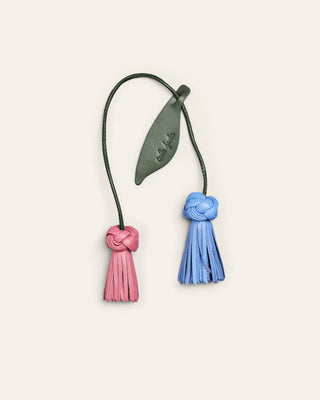 Cala Jade pink, blue and green leather bag charms with tassels.