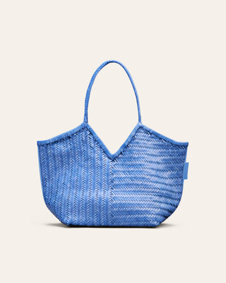 Cala Jade Humi woven tote bag in blue on a beige background