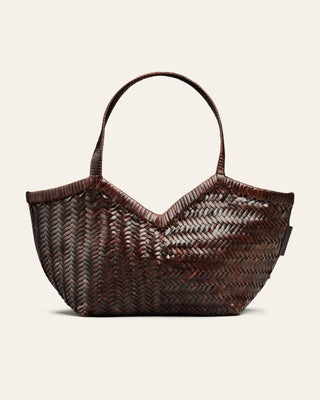 Cala Jade Woven brown handbag on a light beige background
