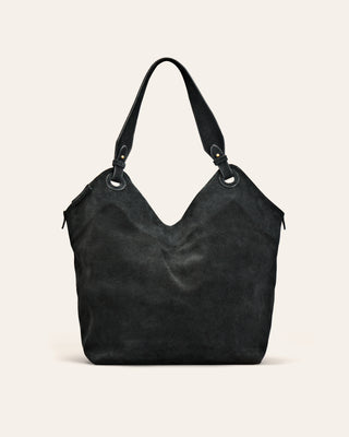 Cala Jade Black suede handbag on a light beige background seen from the front