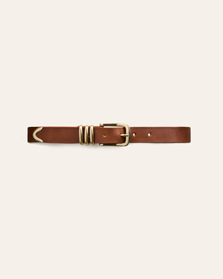 Cala Jade brown belt with gold buckle on a beige background