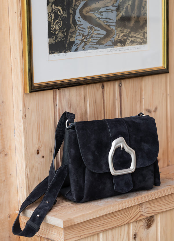 Nami Black suede shoulder bag in leather, with a silver buckle 