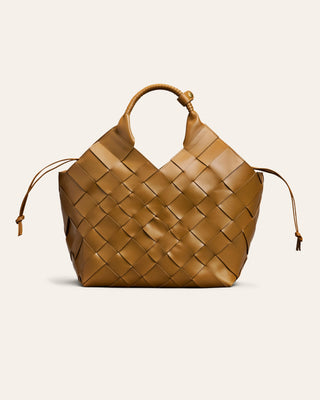 Cala Jade Brown woven handbag on a beige background
