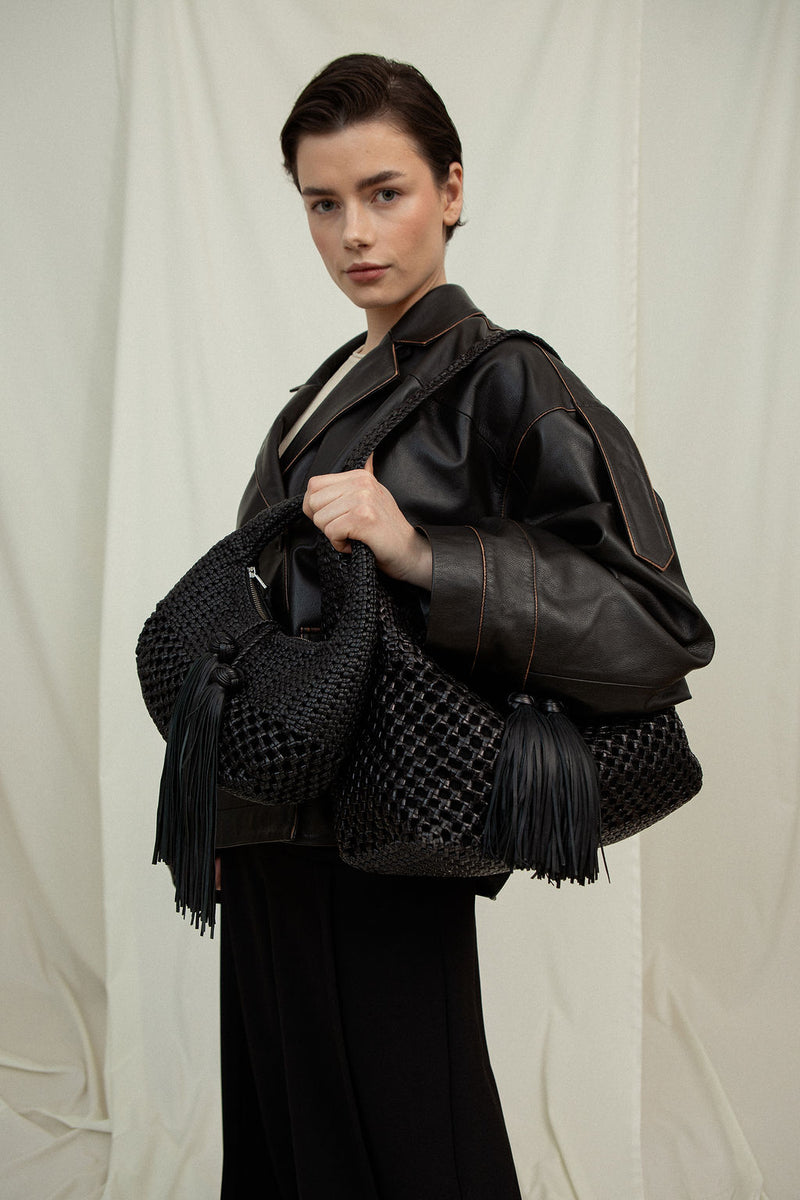 IAK Hobo Bag black hobo leather bag on model