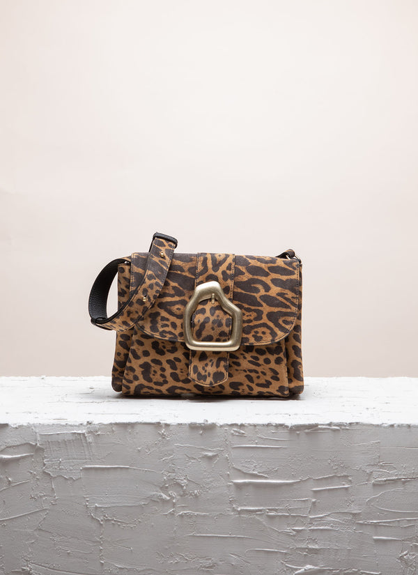 Cala Jade Leopard suede shoulder bag with gold buckle