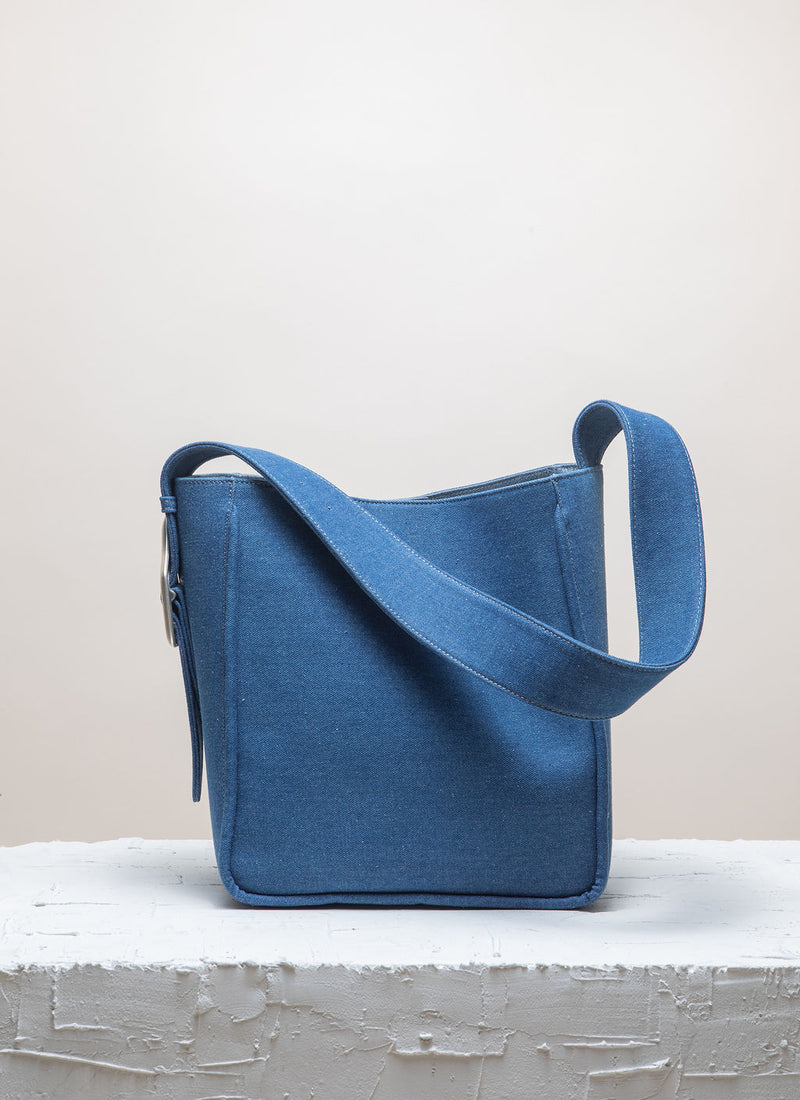 Cala Jade Masago Tote bag in denim fabric with brass buckle