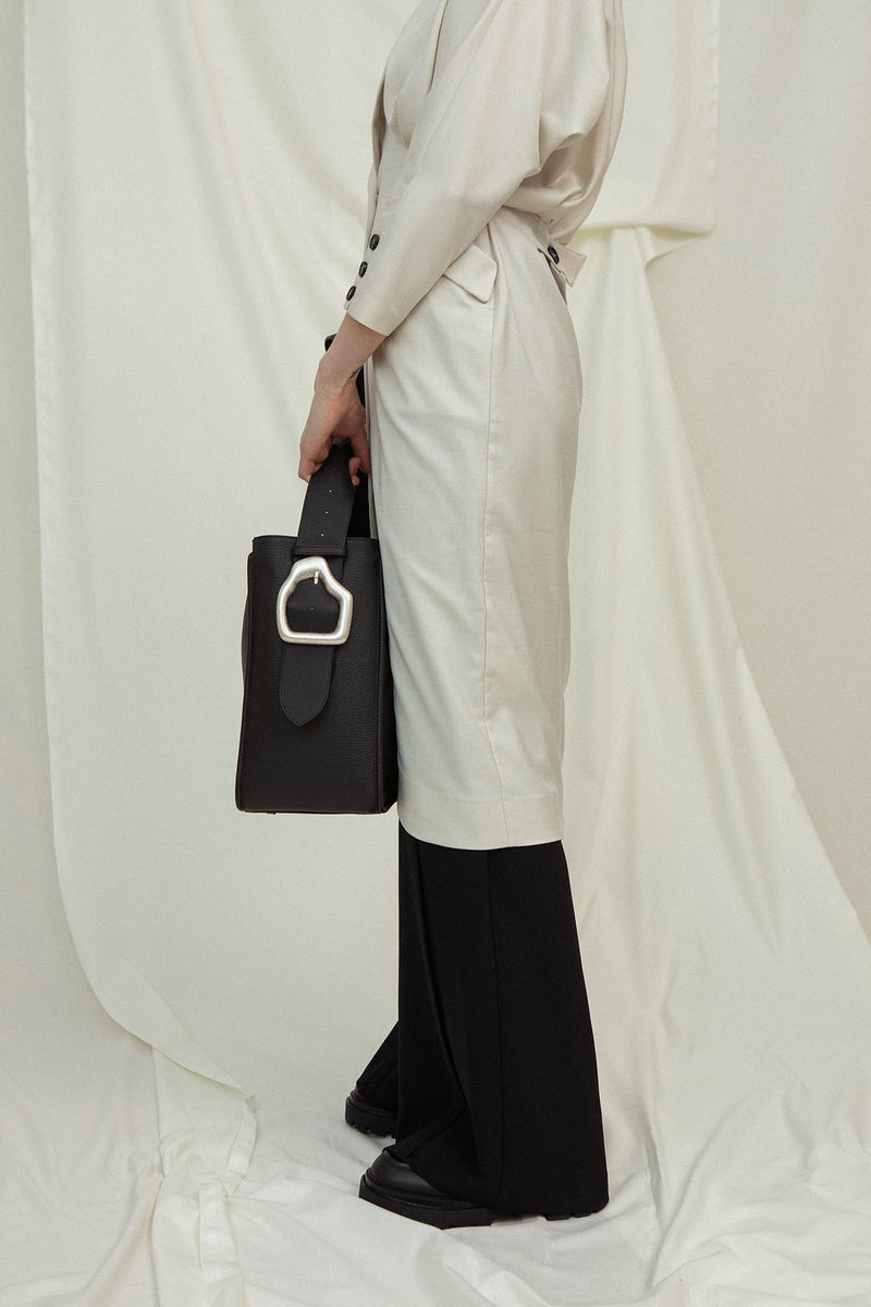 Cala Jade Masago black leather tote bag on modelCala Jade Masago black leather tote bag on model