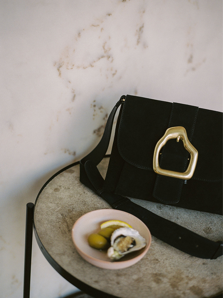 Cala Jade black suede shoulder bag with gold buckle